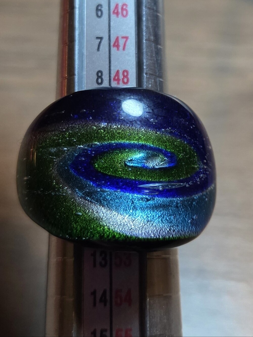 Handmade Glass Swirl Ring in Iridescent Blue-Green Size 5.5